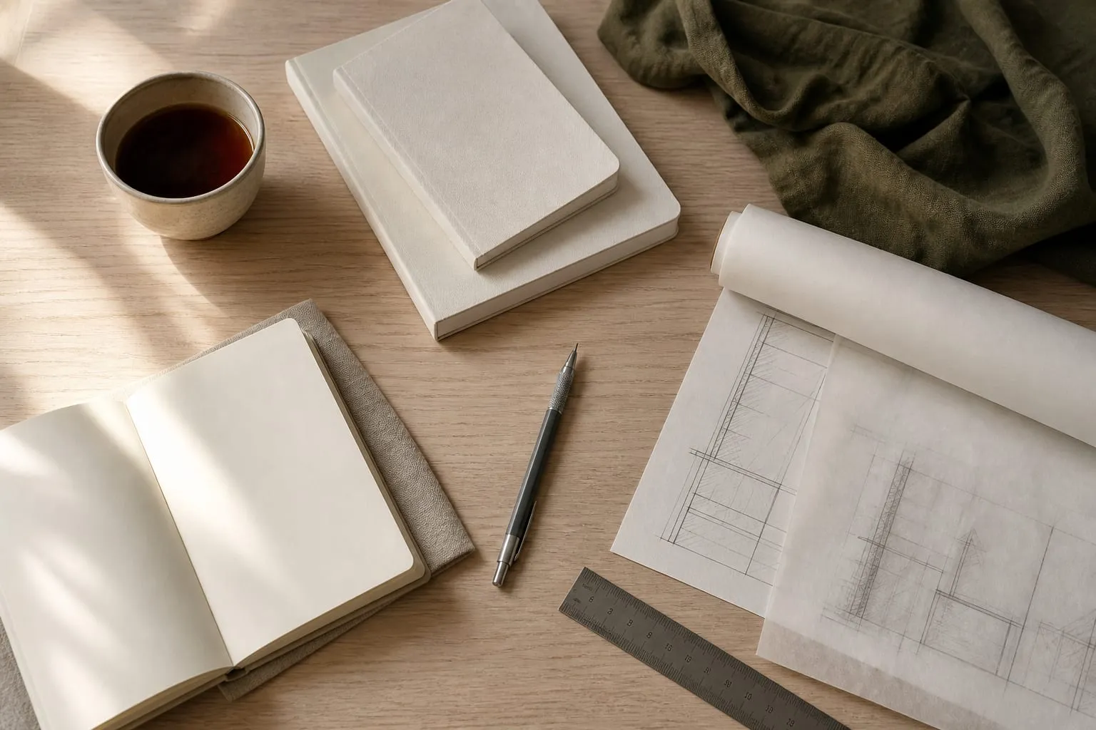 Notebooks, tracing paper and a pencil on a pale oak desk.
