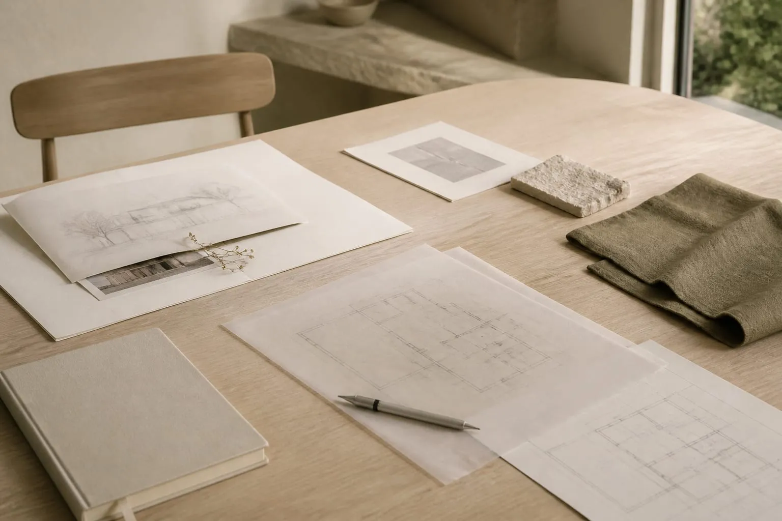 Tracing paper, a floor plan, and a pencil on a pale oak desk.