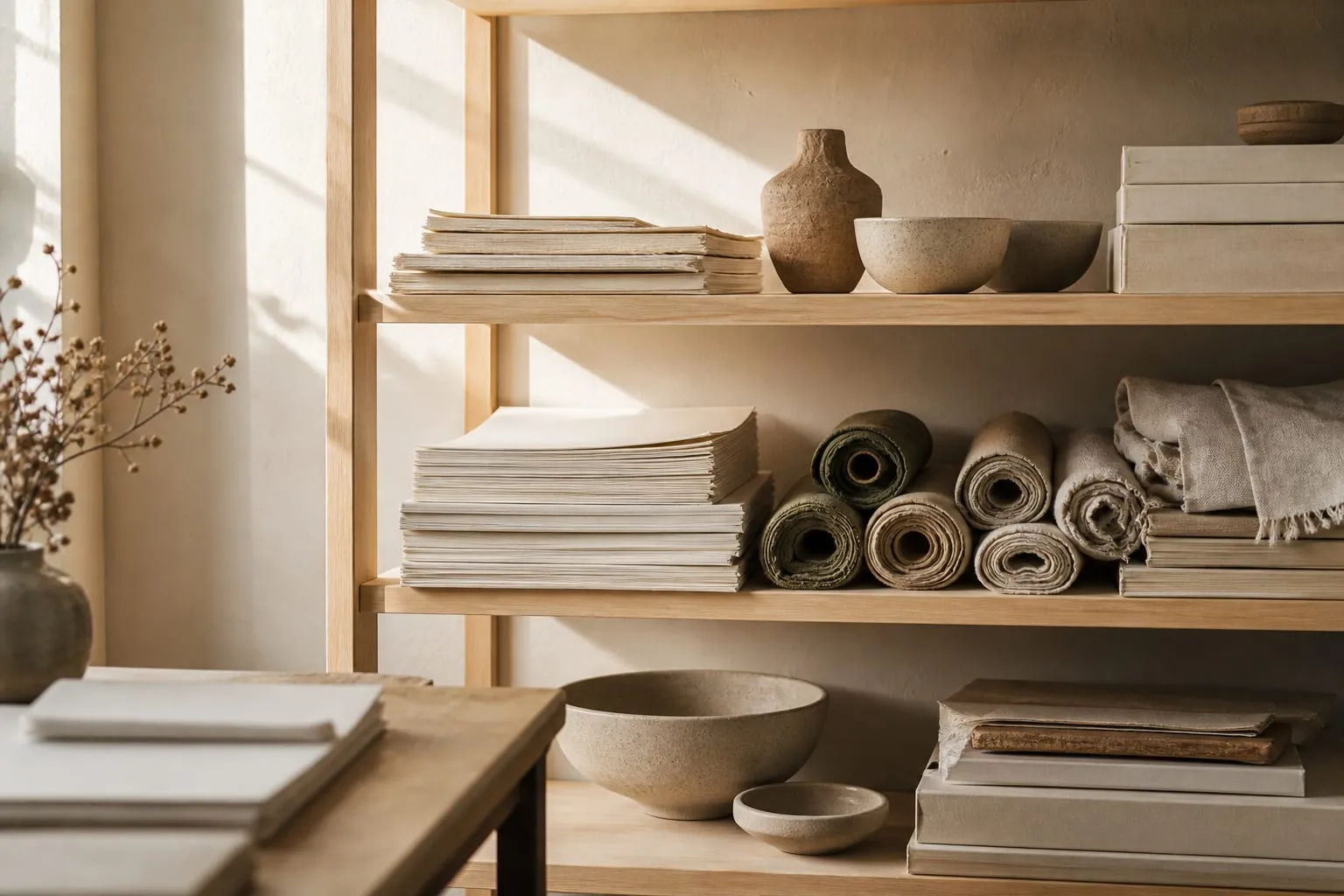 A studio shelf of cream paper, ceramics, and olive linen.