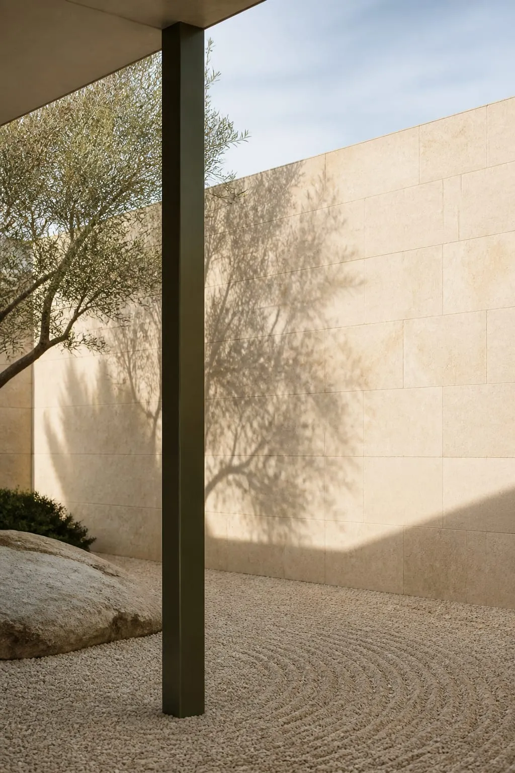 A cream limestone courtyard with a quiet architectural column and raked gravel.
