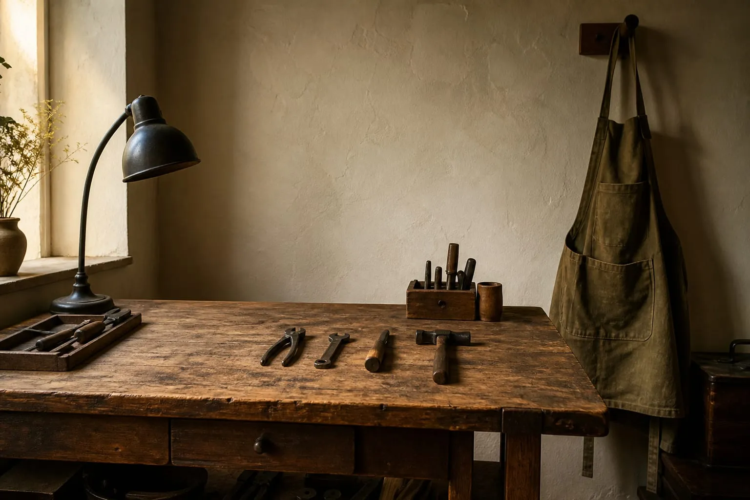 A workshop bench and tools, the kind of setting a mobile app often has to serve.